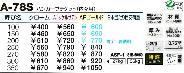 ROYAL A-78S ハンガーブラケット（内々用） クローム 200ミリ e-net-kanamono