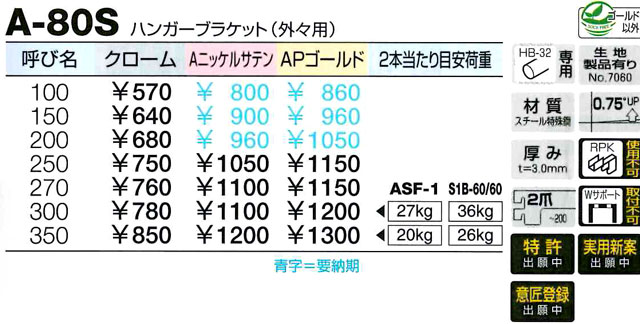 ROYAL A-80S ハンガーブラケット（外々用） クローム 250ミリ e-net-kanamono